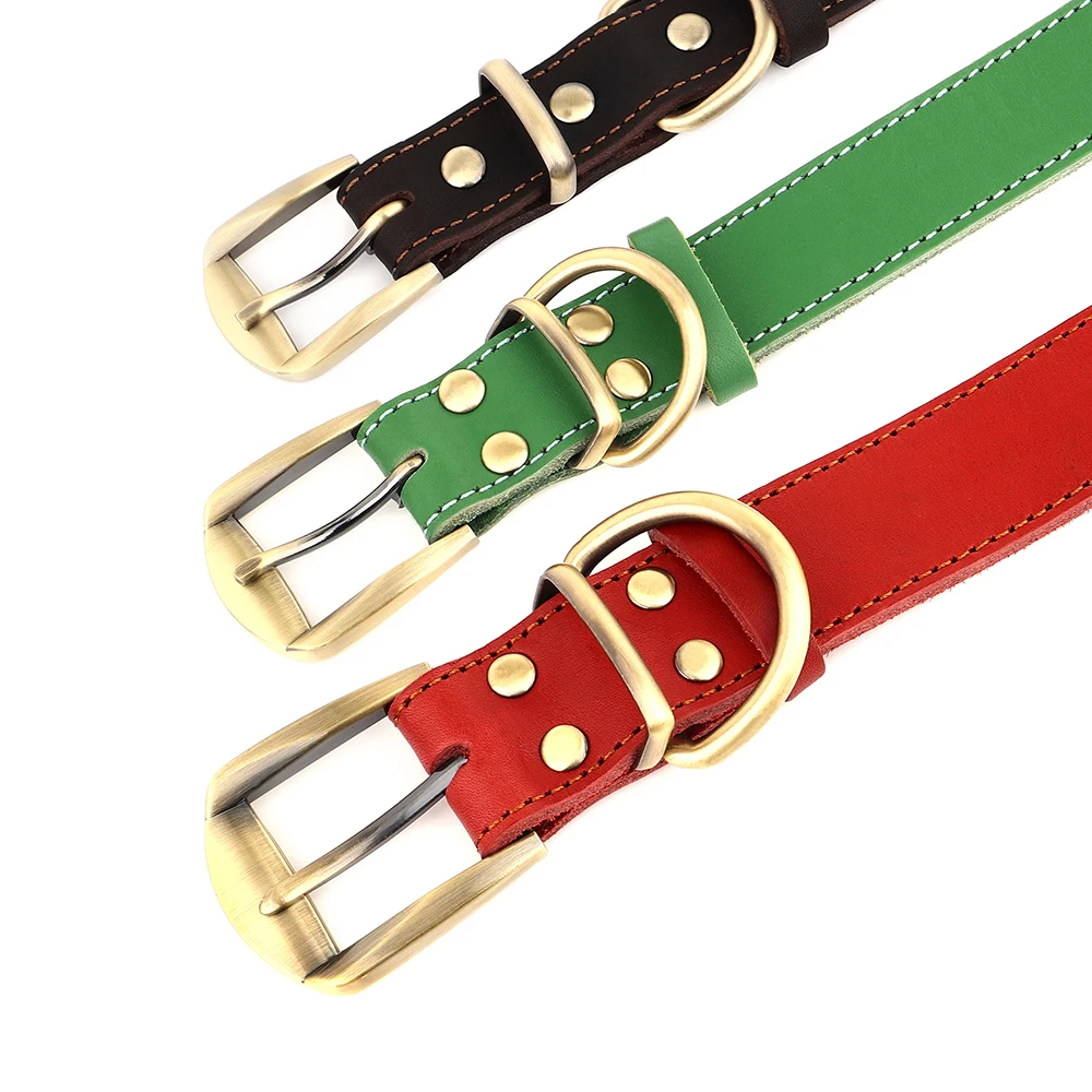 Genuine Leather Dog Collar Luxury Alloy Buckle Pet Collars for Medium Large Dogs Pitbull German Shepherd Adjustable M-XL Green