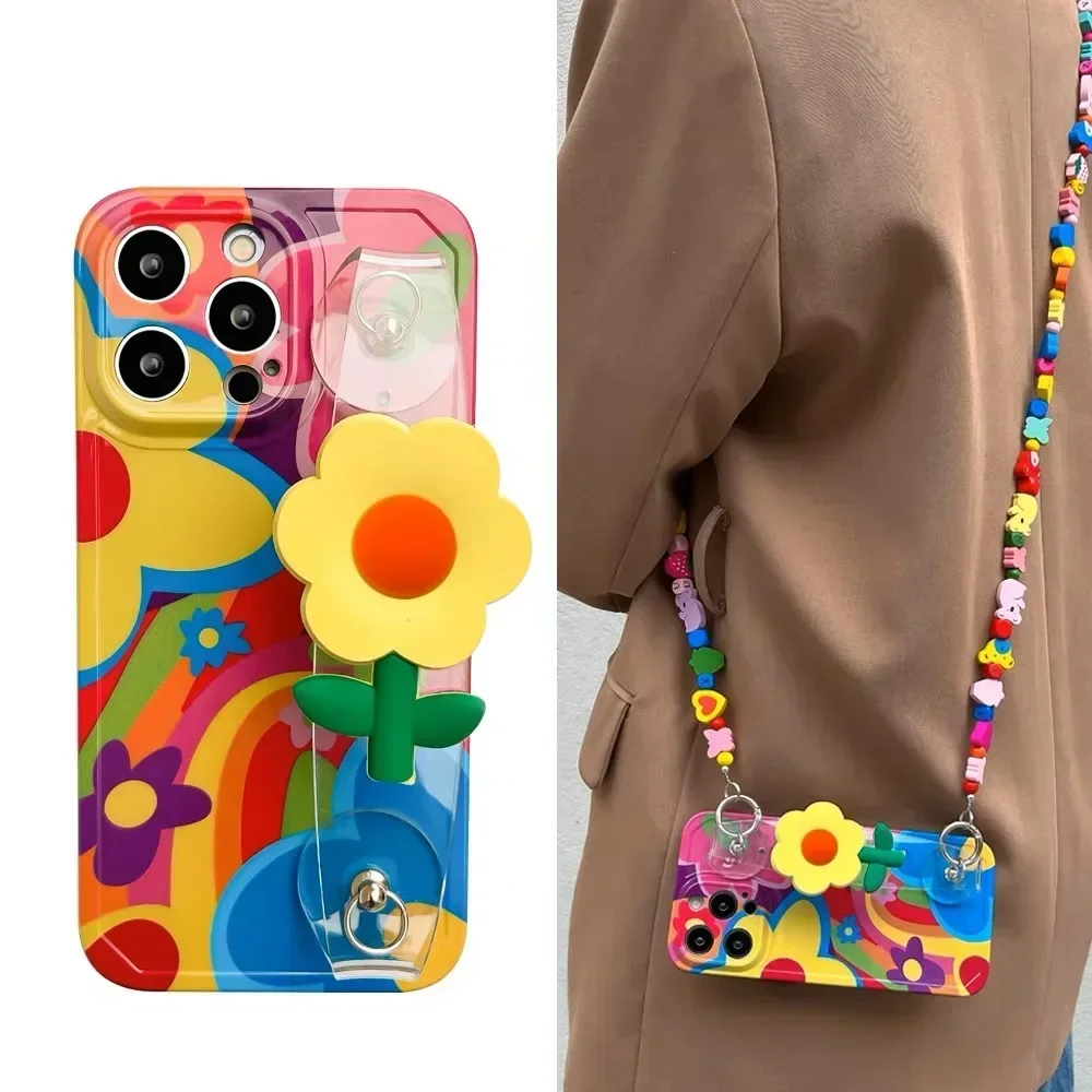 Fashionable Oil Painting Daisy Wristband Phone Case for IPhone 16 15 14 13 12 11 Pro Max Silicone Case with Crossbody Strap