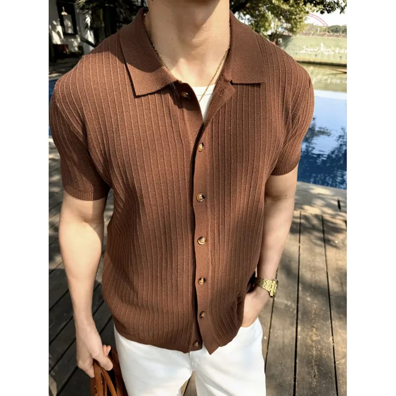 Summer Knitted Shirt Men Brown Black Cardigan T-shirt Men Streetwear Korean Casual Brown Pleated Shirt Men Fashion Shirts