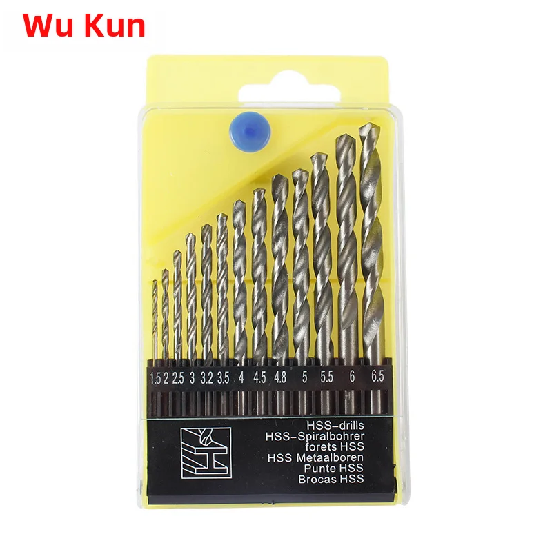 13pc twist drill set high speed steel 4241 straight handle white drill bit set drill iron iron block wood board wood block pl...