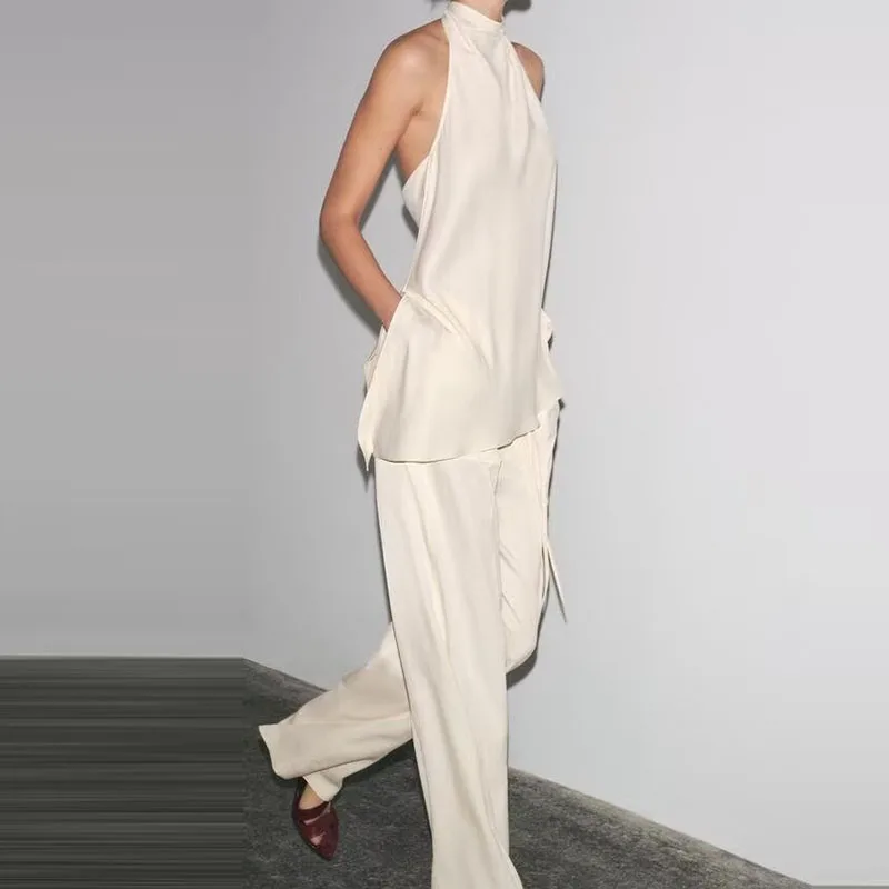 

Spring 2025 Women's Satin Feel Collared Top Wide Leg Pants Faion Set Z Brand Polyester Fiber Ensemble
