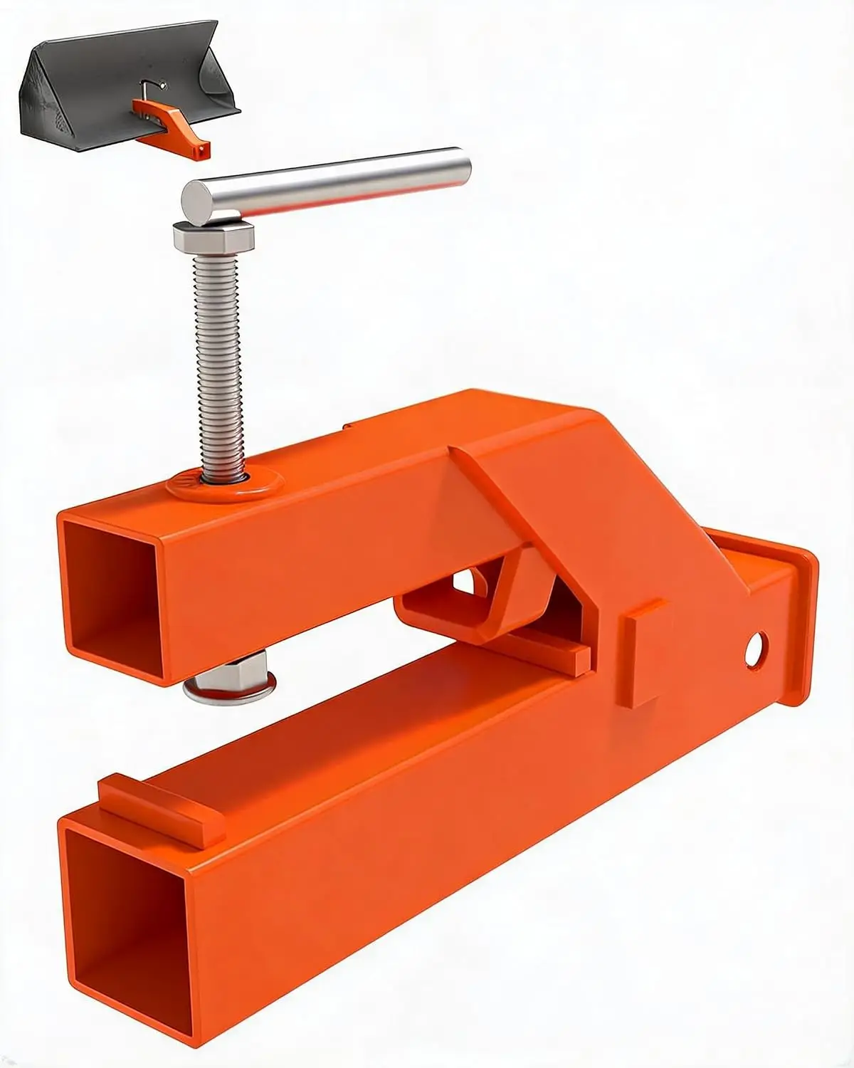 Hochleistungs-2"-Klemm-Anhängerkupplung für Traktorschaufeln – Kugelkopfadapter, passend für Deere, Kompaktlader, SUVs, LKWs, einfache Installation ohne Bohren, Doppelsteckverbinder, orange Farbe.