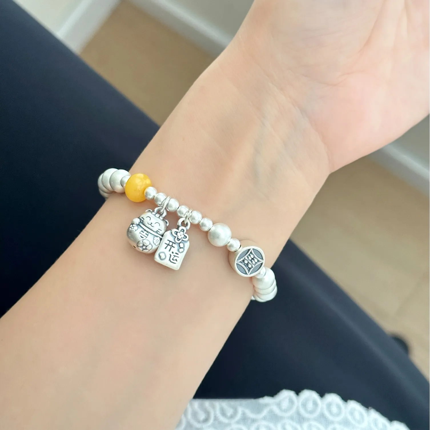 925 Sterling Silver Bracelet Lucky Cat Chinese Word Elastic Good Wish For Woman Girl Fashion Jewelry Gift Dropship Wholesale