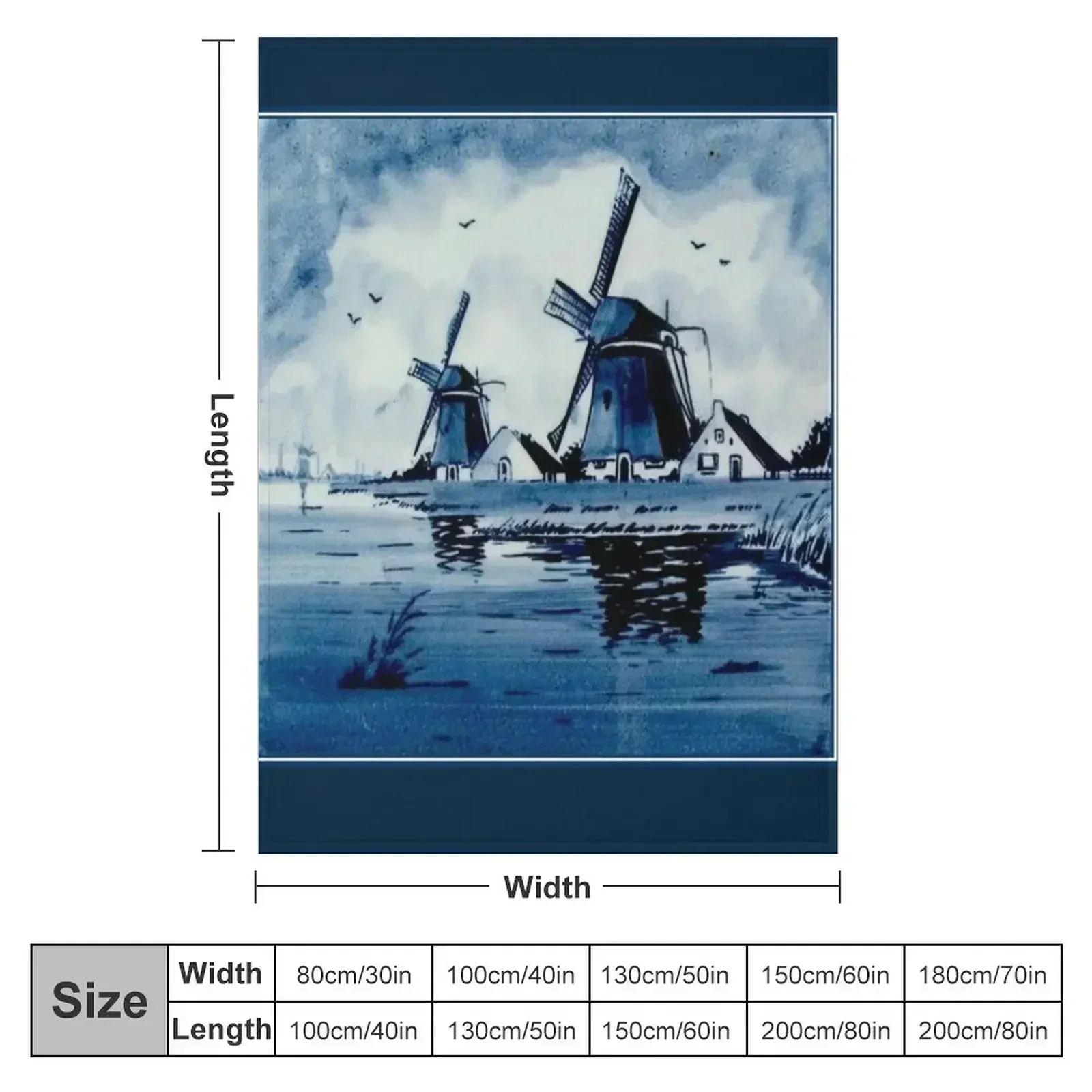 DUTCH BLUE DELFT : Vintage Windmills Print Throw Blanket Sleeping Bag Soft Plaid Multi-Purpose Hair Personalized Gift Blankets