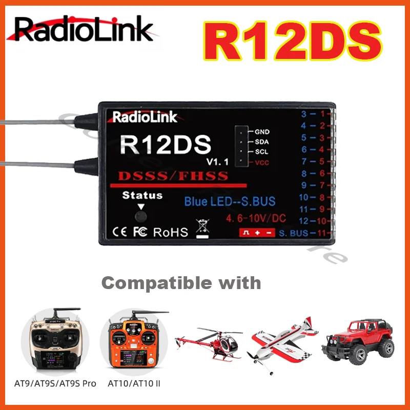 

RadioLink R12DS 2.4GHz 12CH DSSS & FHSS Receiver for RadioLink AT9 AT9S AT10 AT10II Transmitter Support For SBUS PWM