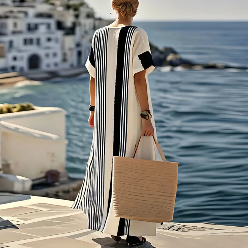 Abito da spiaggia per le vacanze elegante girocollo primaverile Abito da donna chic patchwork di colori a contrasto Abito lungo estivo a maniche corte con spacco Boho