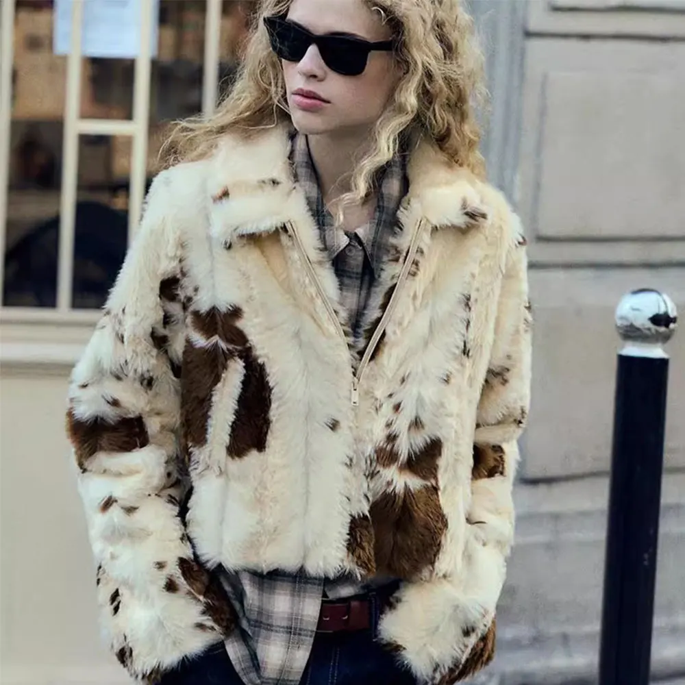 

Women's Autumn Winter Fashion Lapel Plush Overcoat Lamb's Wool Jacket Loose Faux Fur Parka Cow Color Female Outerwear