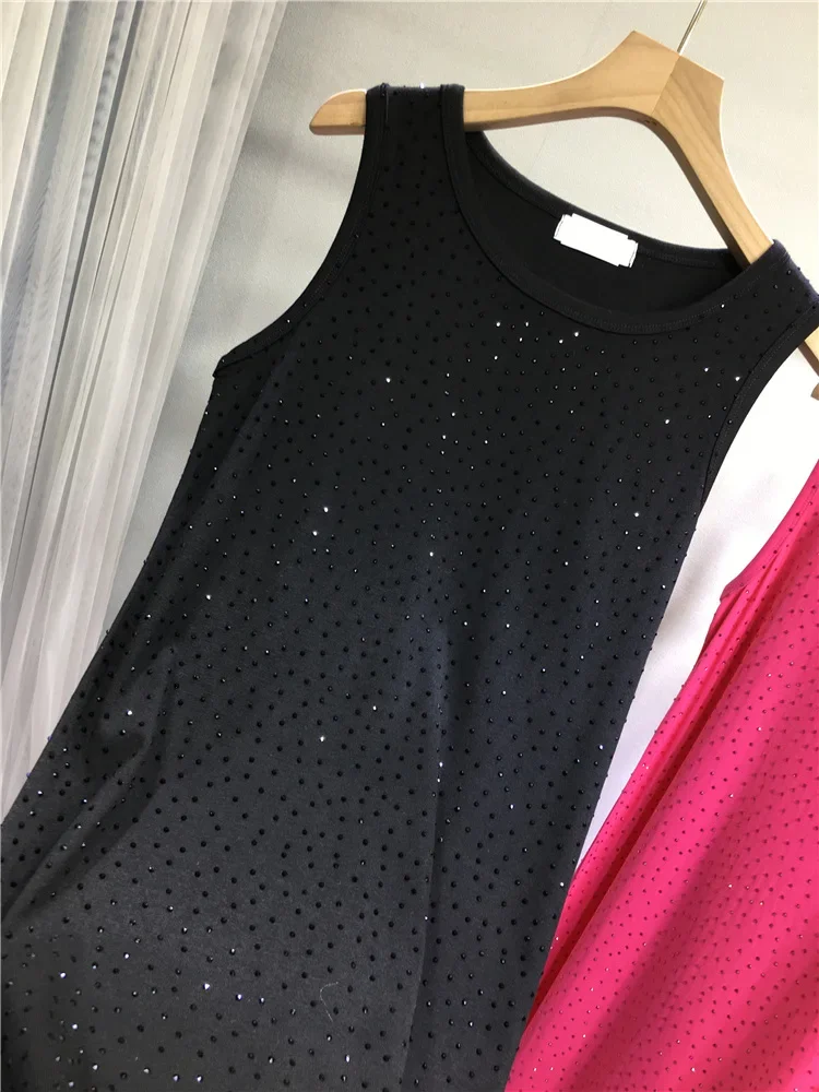 High Quality Full Diamonds Hot Drilling Ultra Long Bottoming Dress Solid Color Spring Autumn Sleeveless Cotton Vest Tees Dress