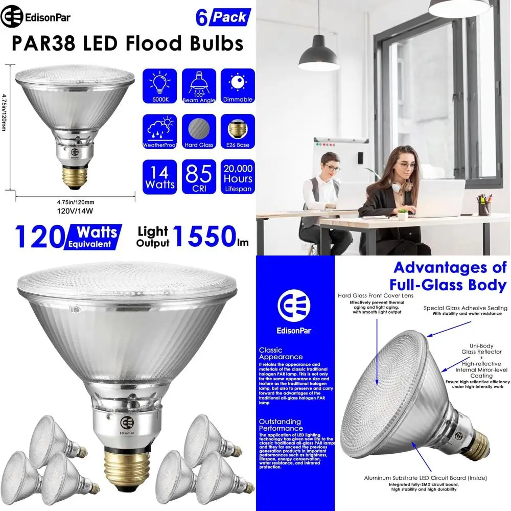 

14W LED Flood Light Bulb, 120W Equivalent, 1550 Lumens, 20000-Hour Life, Dimmable Daylight 5000K, 100° Beam Angle, 6-Pack