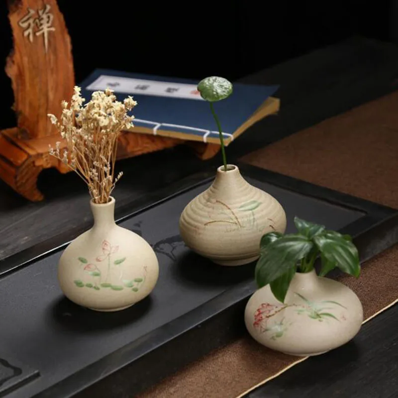 Coarse Poterry Lotus Pattern Vase Chinese Style Chan Hydroponics Jardiniere Desktop Flower Arranger Ornament Dining Table Vase