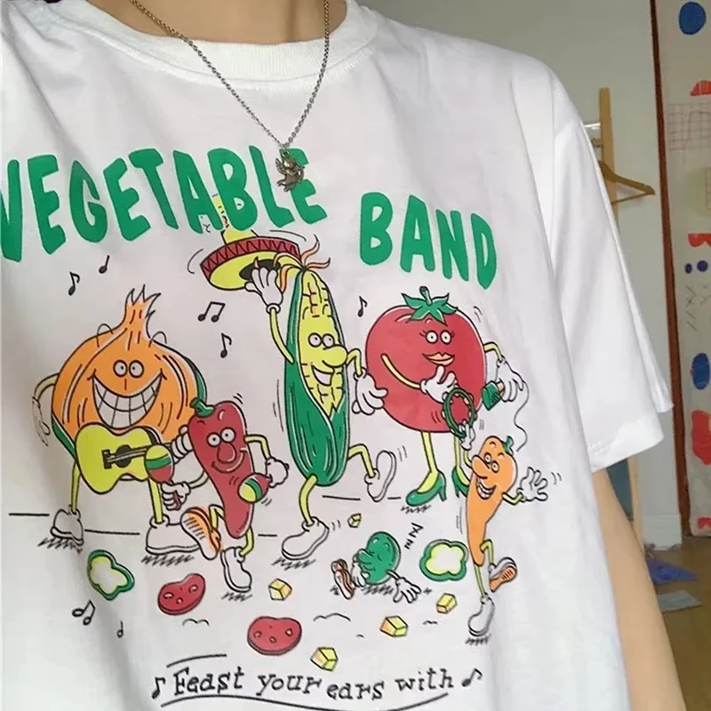 Funny VEGETABLE BAND Retro Cartoon Graphic Tee Cotton Mens Womens T-Shirt Summer Streetwear