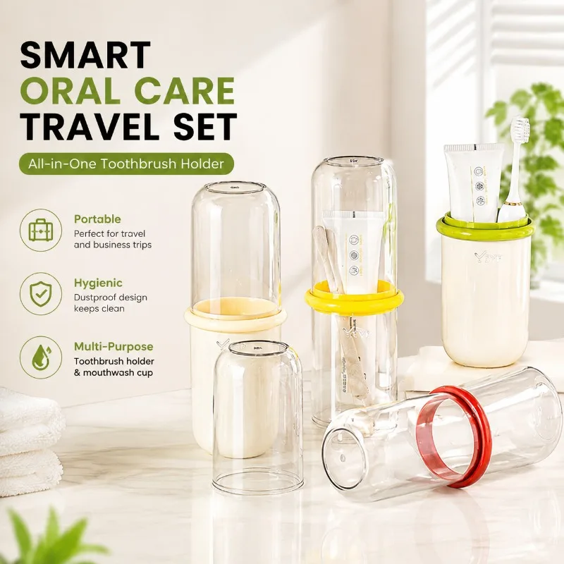Transparent Plastic Electric Toothbrush Holder Set,Portable Couple Toiletry Kit with High‑Aesthetic Mouth‑Rinse Mugs,Light