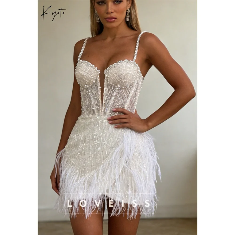 

Kyoto Customized White Spaghetti Strap Beads Wedding Dress Sleeveless Feathers vestidos de noiva Mini After Party Gown 2026