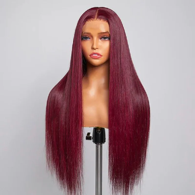 13x4 Burgundy 99J 200% Density Bone Straight HD Transparent Lace Brazilian Remy Hair Front Human Hair Wig Full Lace Frontal Wigs