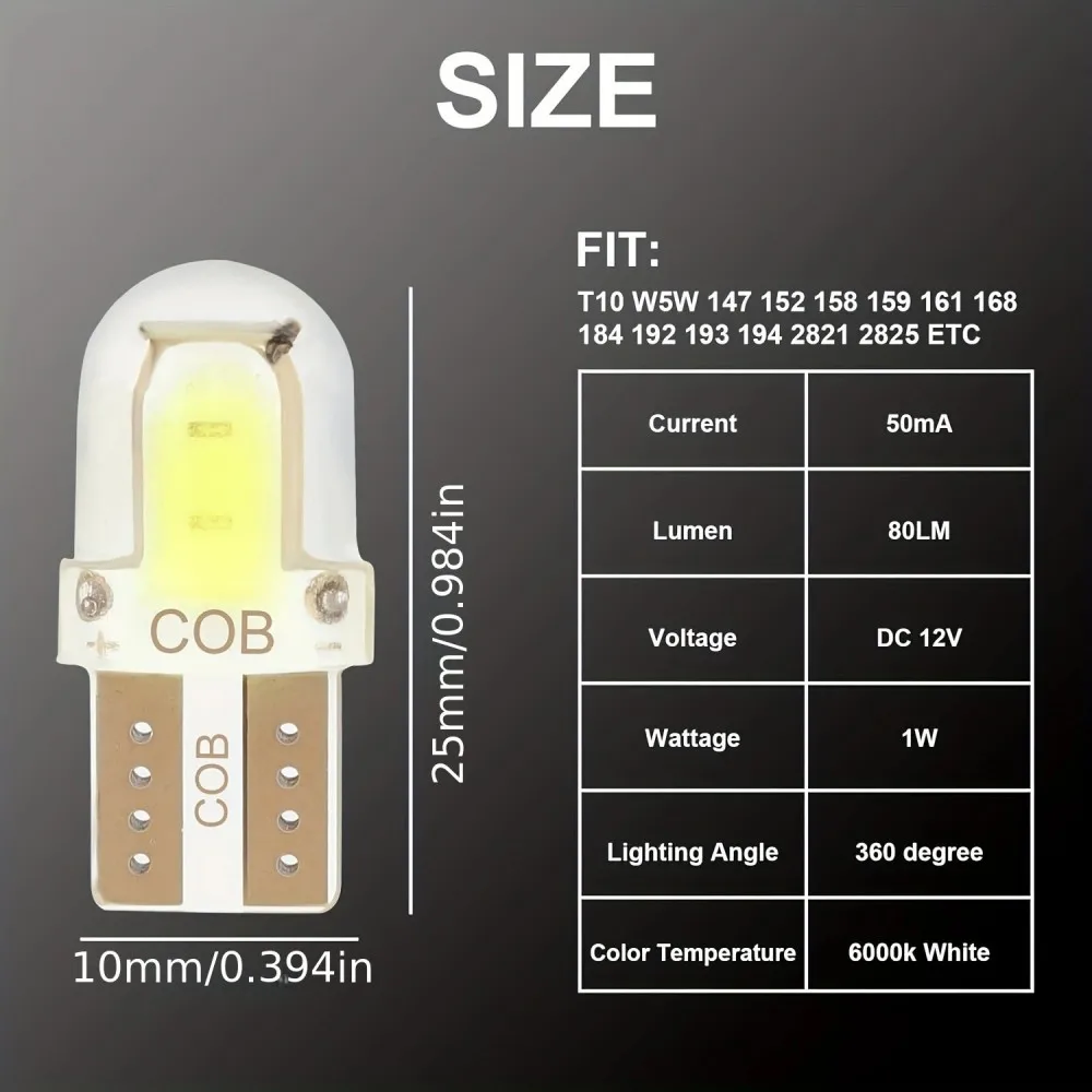 20 قطعة السوبر مشرق T10 194 168 W5W 2825 COB لوحة ترخيص LED مصابيح كهربائية داخلية 6000K 12V سيارة LED