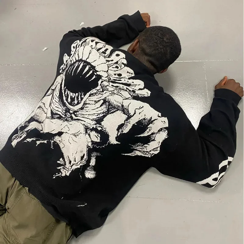 Graphic Print Black Knitted Sweaters Streetwear Demon Anime Pullover Unisex Casual Loose Sweaters Men Gothic O-neck Pullovers