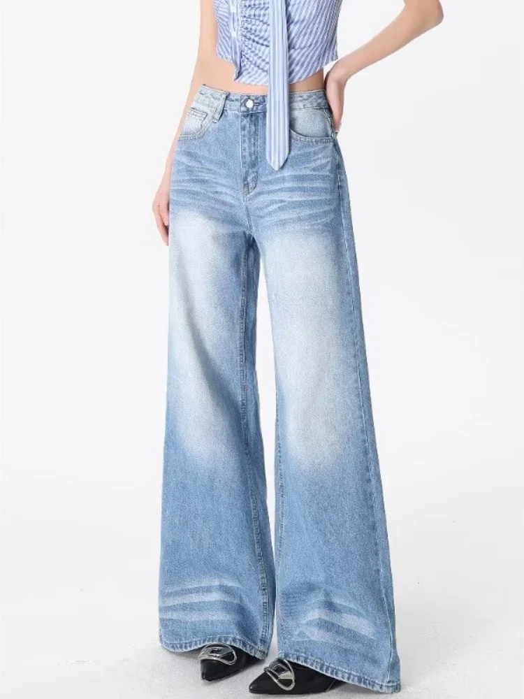 女性のパンツ Y2K ブルー秋ヴィンテージクラシックルーズ女性ジーンズシンプルなボタンファッションカジュアル全身ストレート女性ジーンズ