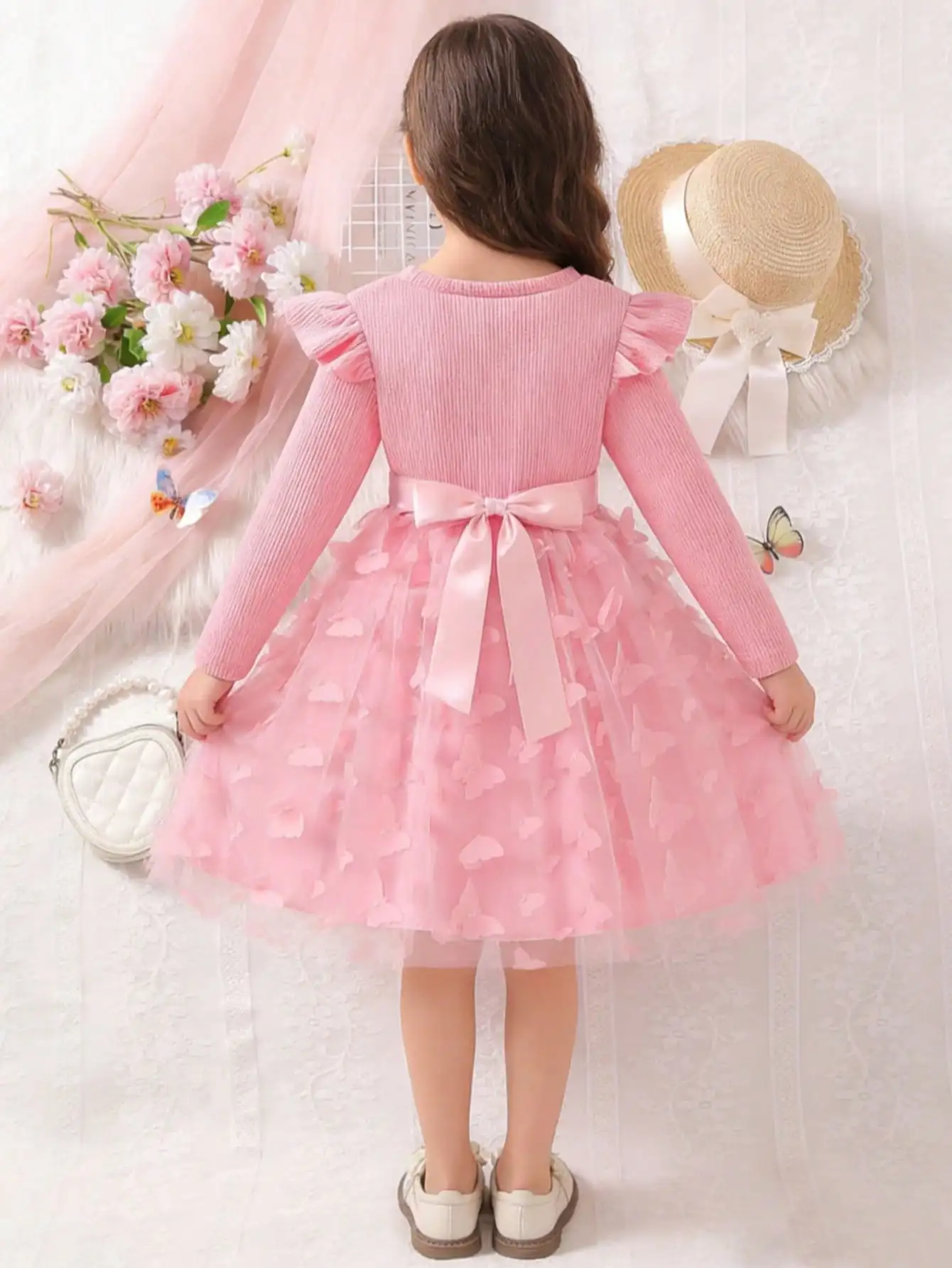 Sweet long sleeved skirt with small fly sleeves, woven butterfly mesh decoration, cute and fashionable girls' princess skirt