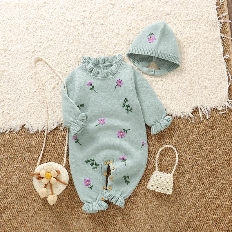 

Комплект из 2 предметов: модный вязаный комбинезон с цветочным узором и шапочка для новорожденных девочек (0-18 месяцев)