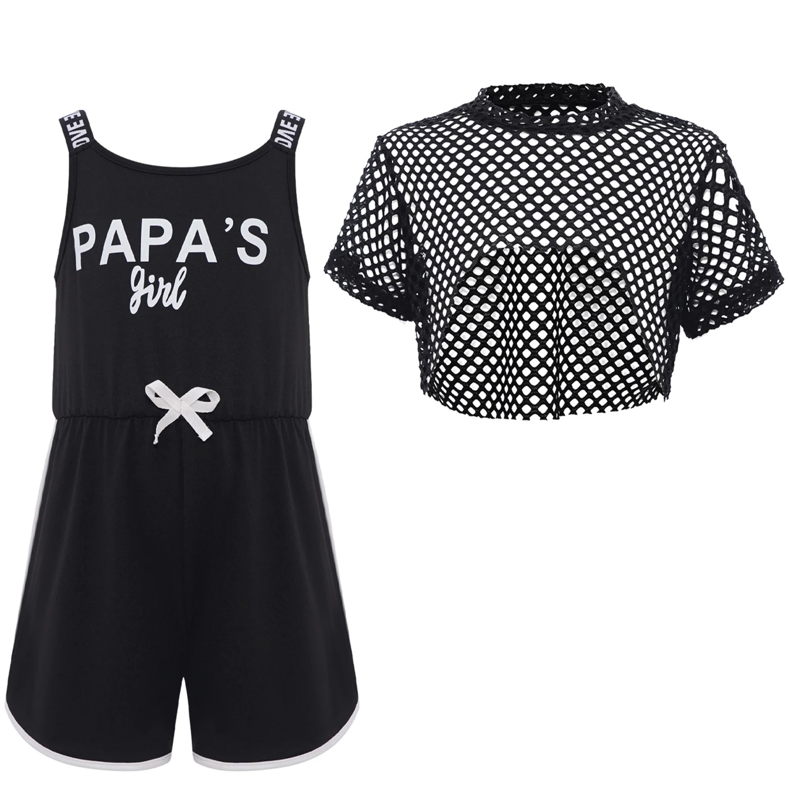 بدلة رياضية للتنس مكونة من قطعتين للفتيات الصغيرات، ملابس رياضية للياقة البدنية، بلوزة قصيرة شبكية مجوفة مع بذلة مطبوعة بحروف