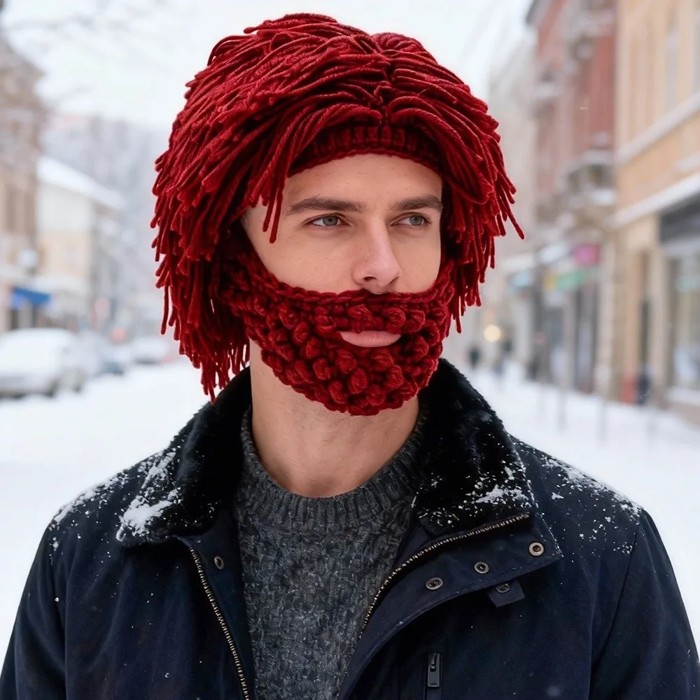 Novelty Funny Knitted Cap Handmade Knit Punk-style Wig Beard Hat Warm Mad Scientist Hat Winter Season for Men and Women