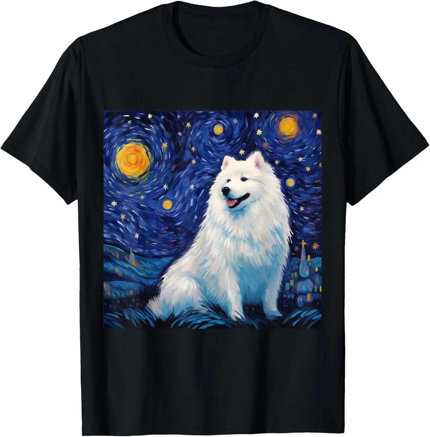 

Samoyed Starry Night Painting Dog Graphic Cotton T-Shirt Short Sleeve Casual Trip Tee