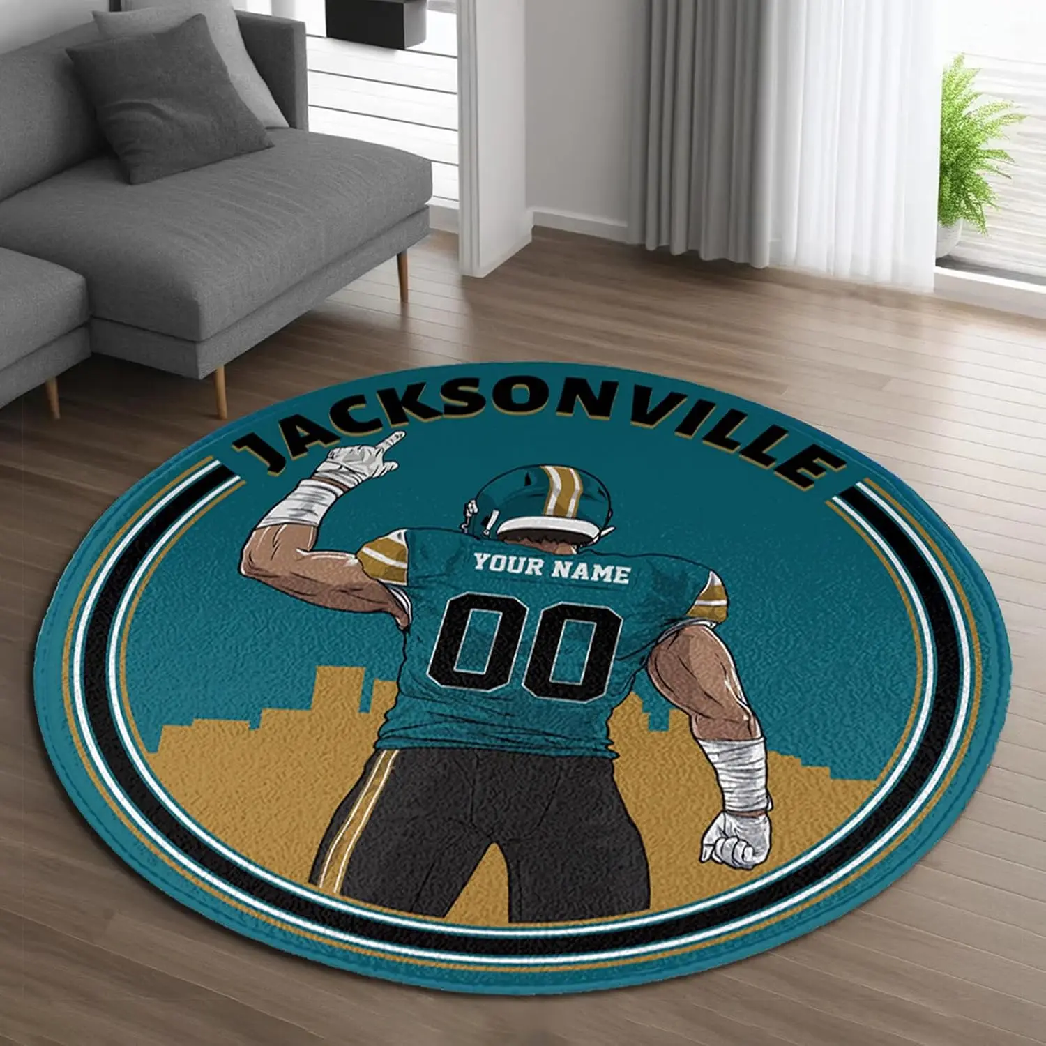 Customized Football Doormat Polyester Round Floor Mat NFL Sport Decor for Jacksonville Jaguars Fan Entryway Hallway Mat