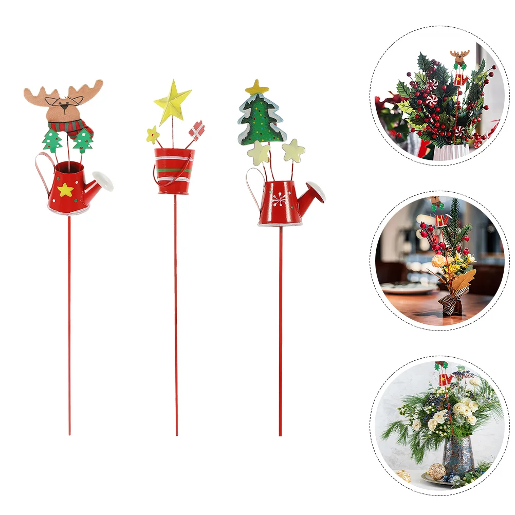 3pcs Christmas Garden Stake Flower Pot Sign Metal Xmas Kettle Stake Christmas Ornament Planter Decoration