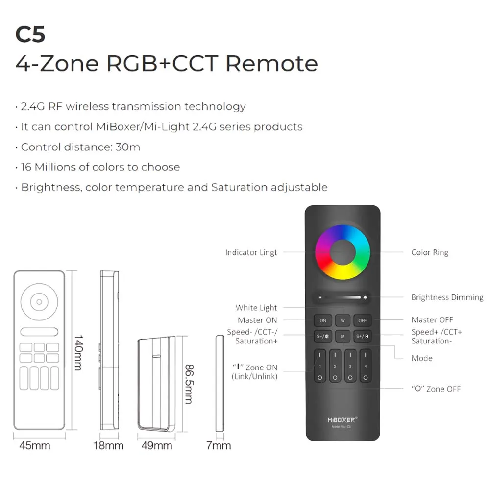 Miboxer 2.4G RF Remote Control C-series C1 C2 C3 C5 for Dimmable Color Temperature Adjustable Timing CCT RGB+CCT Multiple Zone