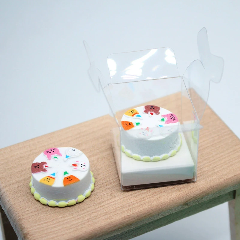 1/12 Dollhouse Food Accessories, Mini Cartoon Cake Model in Transparent Box, Simulation Dessert for Dollhouse Decor