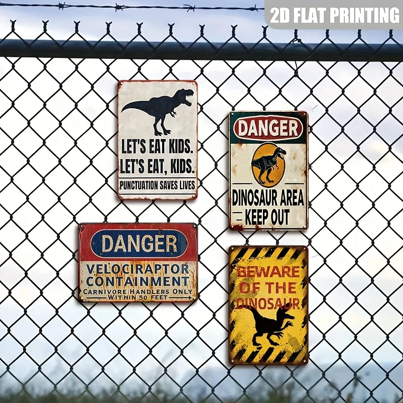 2D Flat, 4pcs Dangerous Dinosaur Area No Entry Metal Signs - Vintage Dinosaur Wall Art Hanging Plaques With Velociraptor And