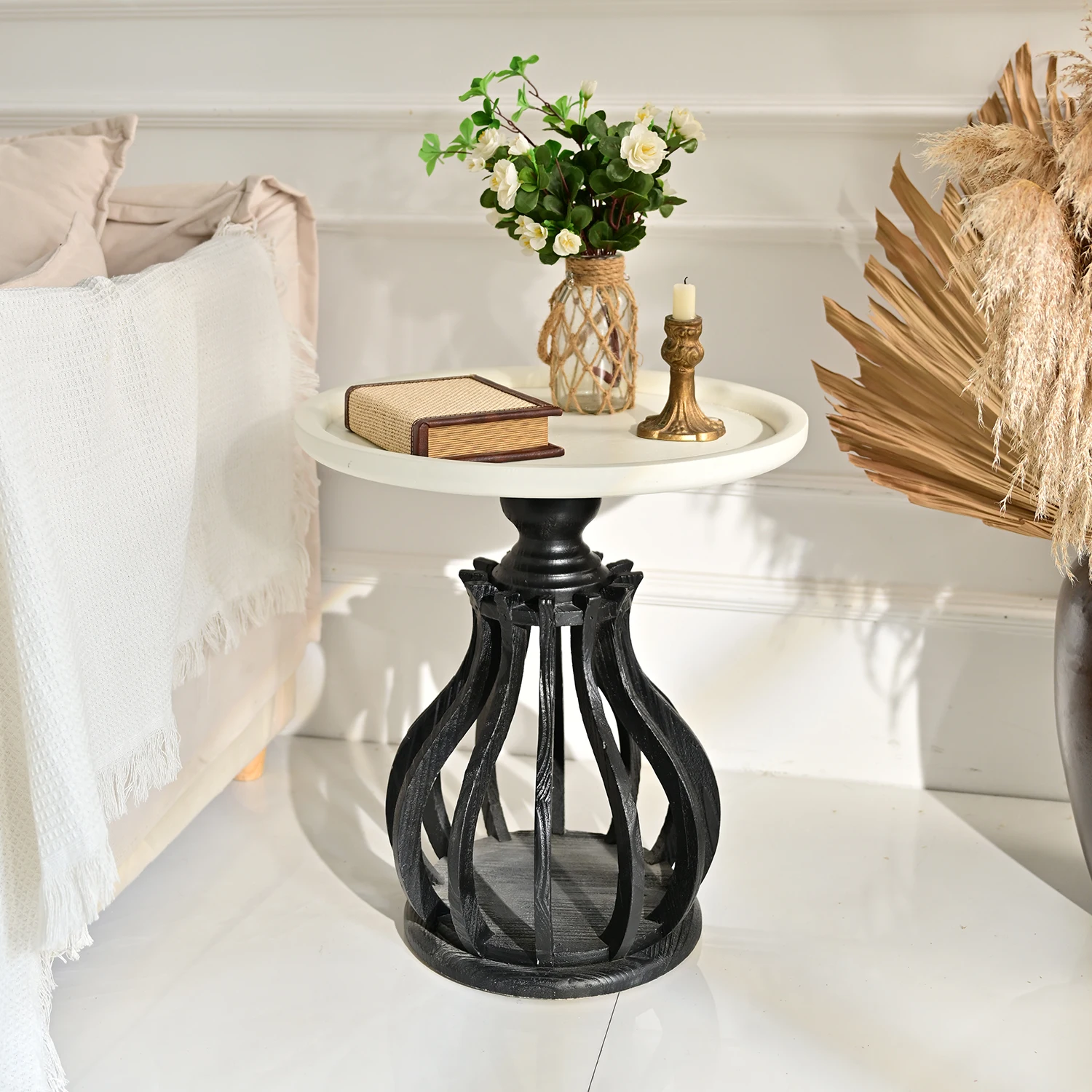 xx-Home European Style Round White Wood Panel Top And Black Base Extendable Living Room Side Coffee Table*