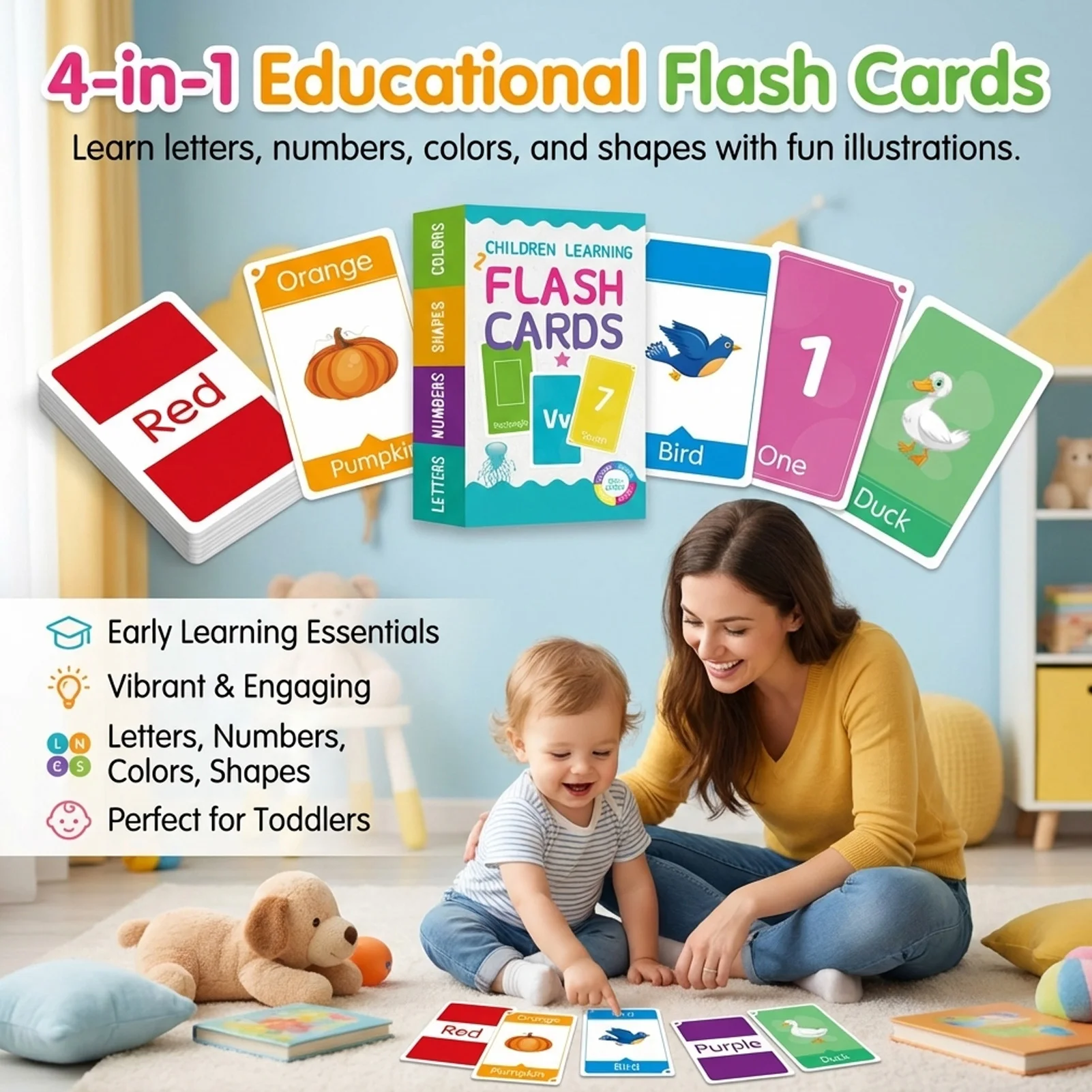 Kids Early Education 4 In 1 Learning Cards Alphabet Number Color Shape English Cognition Durable Waterproof