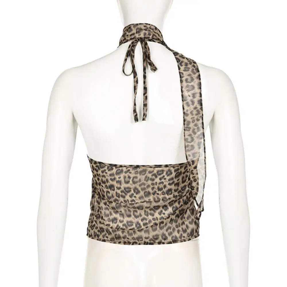 Korean Style Ruffled Edge Leopard Halter Camisole Thin Slim Fit Y2k Crop Tops Women Irregular Lace-up Sleeveless Camisole Summer