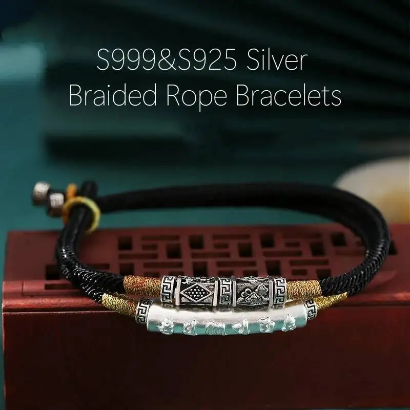 

Мужской браслет ручной работы с двойной веревкой, стерлинговое серебро 999 и 925 пробы, Ом Мани Падме Хум, буддийская мантра, Шарм, дзен, ювелирные изделия для медитации