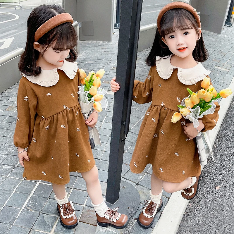 New Spring And Autumn Girls\' Dresses Long Sleeve Puffed Sleeve Square Collar Flower Embroidery Sweet Full Of Printed Edge Pleats