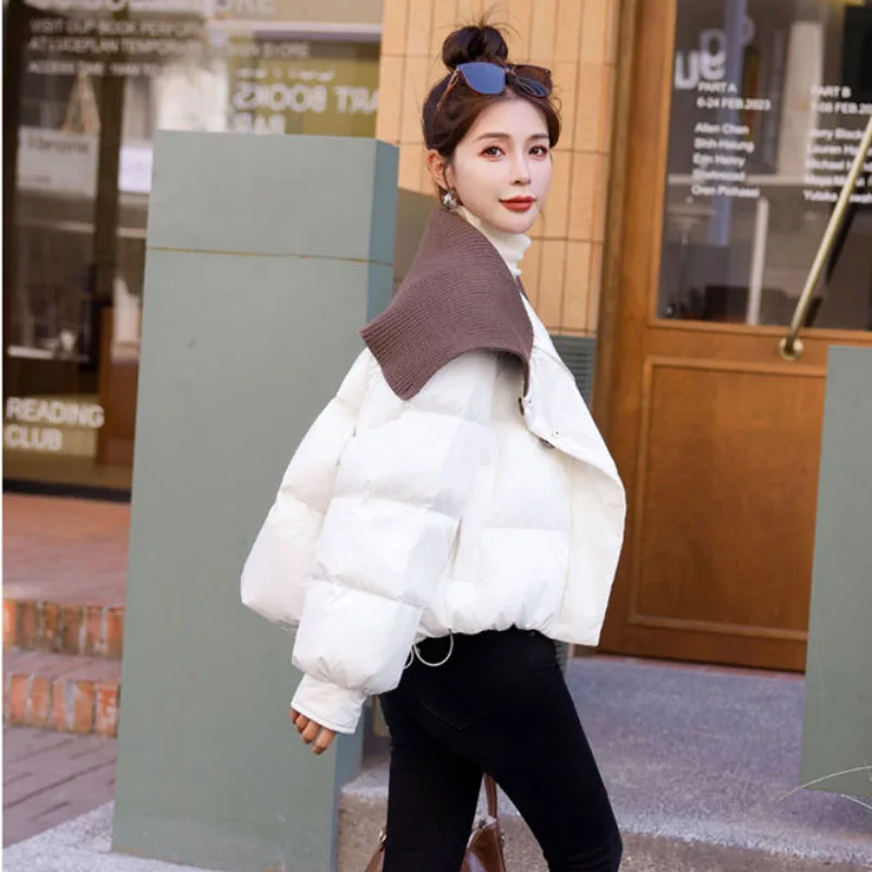 New Winter Knitt Stitching Down Cotton-Padded Women Overcoat Collar Contrast Color Cotton Jacket Short Thick Warm Parker Coats