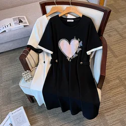 175Kg Plus Size Women's Bust 170 Summer Loose Heart Butterfly Print Dress Black White 4XL 5XL 6XL 7XL 8XL 9XL