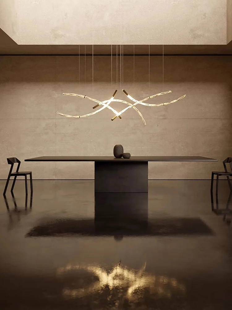 Simple Art Arc Glass Strip Living Room Lights Hanging Lamp Italian Minimal Design Ceiling Led Long Bar Lighting Decor Chandelier