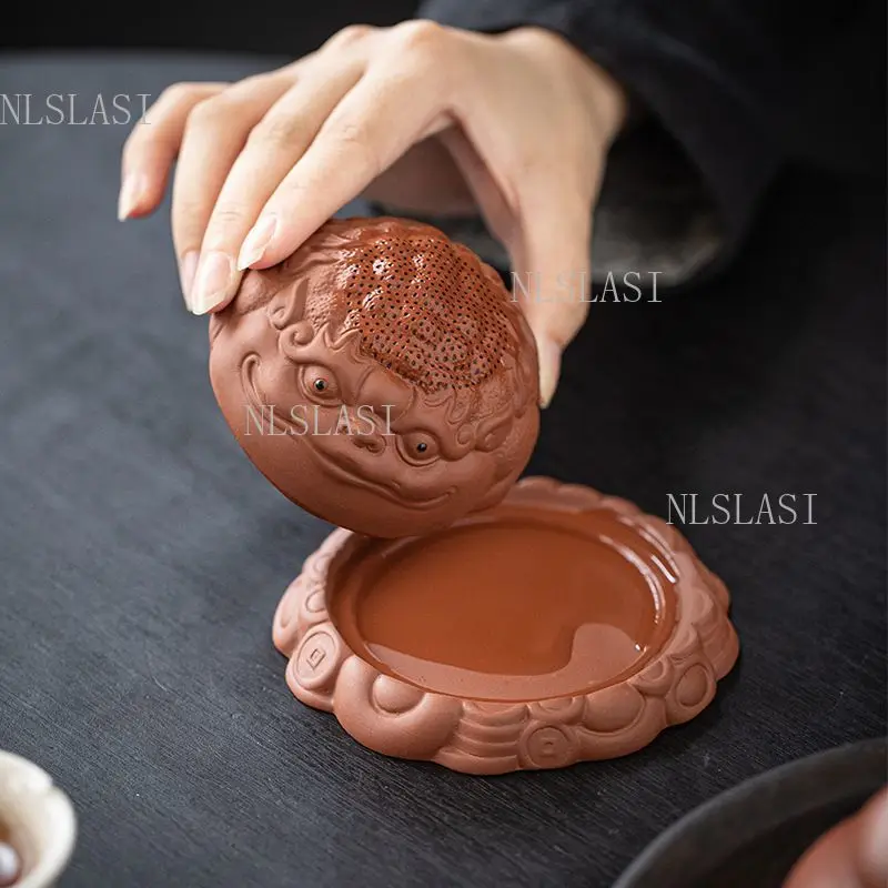 Yixing Zisha Golden Toad Tea Strainer with Fine Mesh Holes and Copper Coin Base for Kung Fu Tea Ceremony and Tea Pet Collection