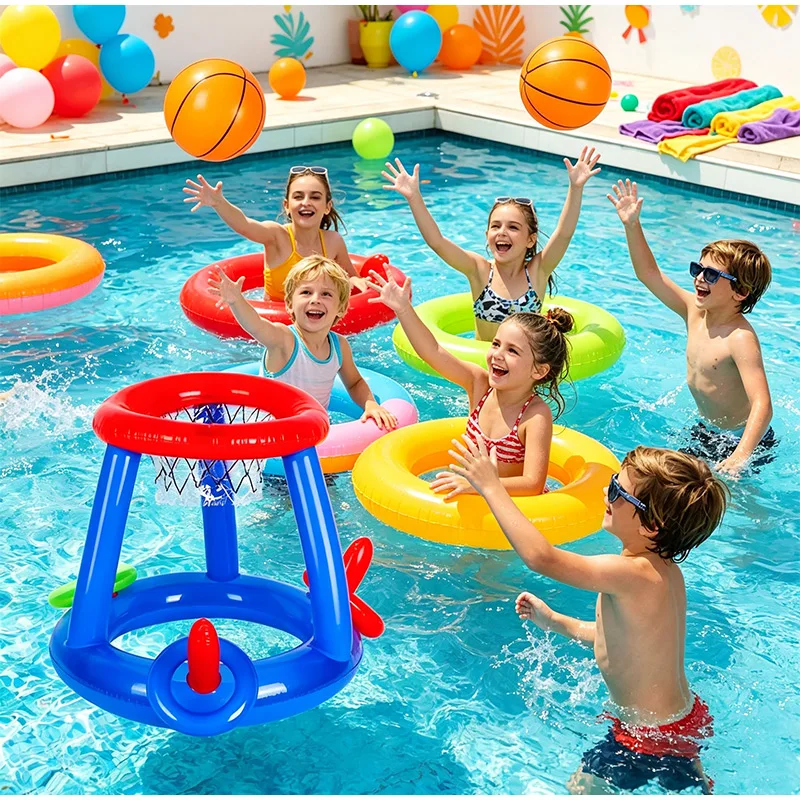 Water Basketball Hoop Thicken PVC Inflatable Basketball Stand Water Hoop Toy Outdoor Water Toy With 1 Ball And 3 Hoops Included