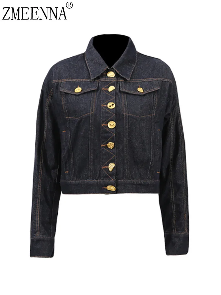 

ZMEENNA Blue Cropped Jacket For Women Stylish Casual Jean Outerwear With Gold Buttons Long Sleeve Fashionable Design ZM3220