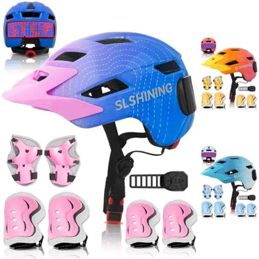 

Bike Helmet Toddler Helmet for Boys Girls Youth with LED Lights Bicycle Helmets with Protective Gear Set Knee Elbow Wrist Pads