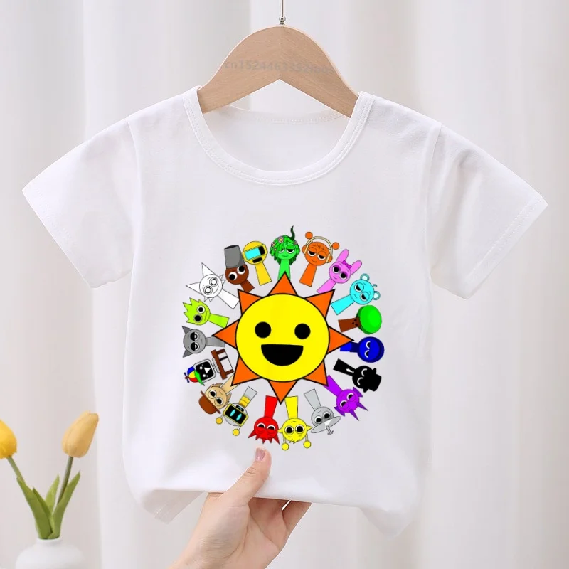 Sprunki Character Game Print Cartoon Kids T-shirt Children's Clothes Summer Baby Girls Tops Boys Short Sleeve White T shirts