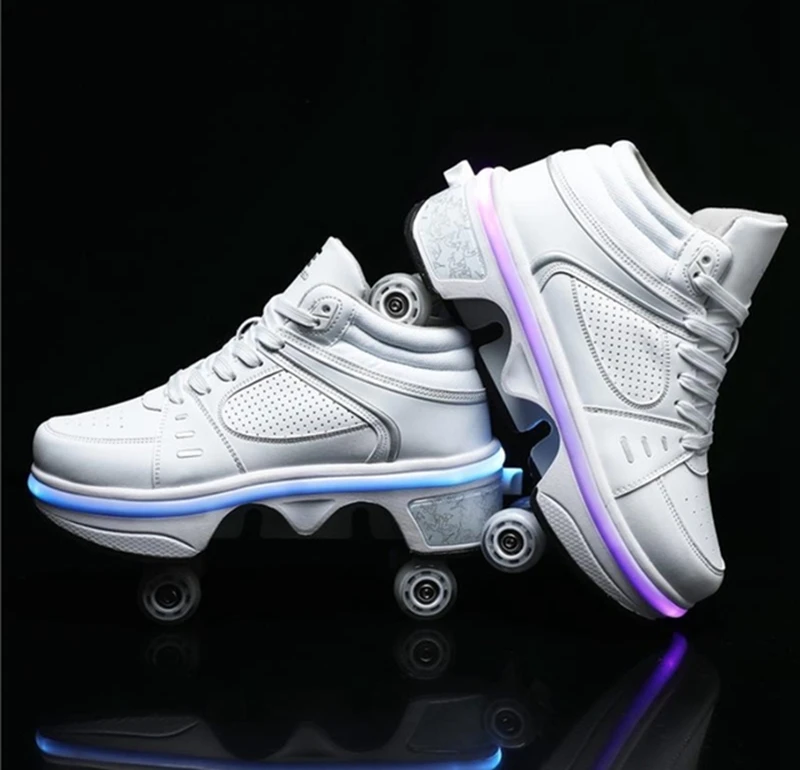 Deformação Roller Skates Sapatos para crianças, Tênis de corrida 4 rodas, Mulheres e Homens Parkour Roller Shoes