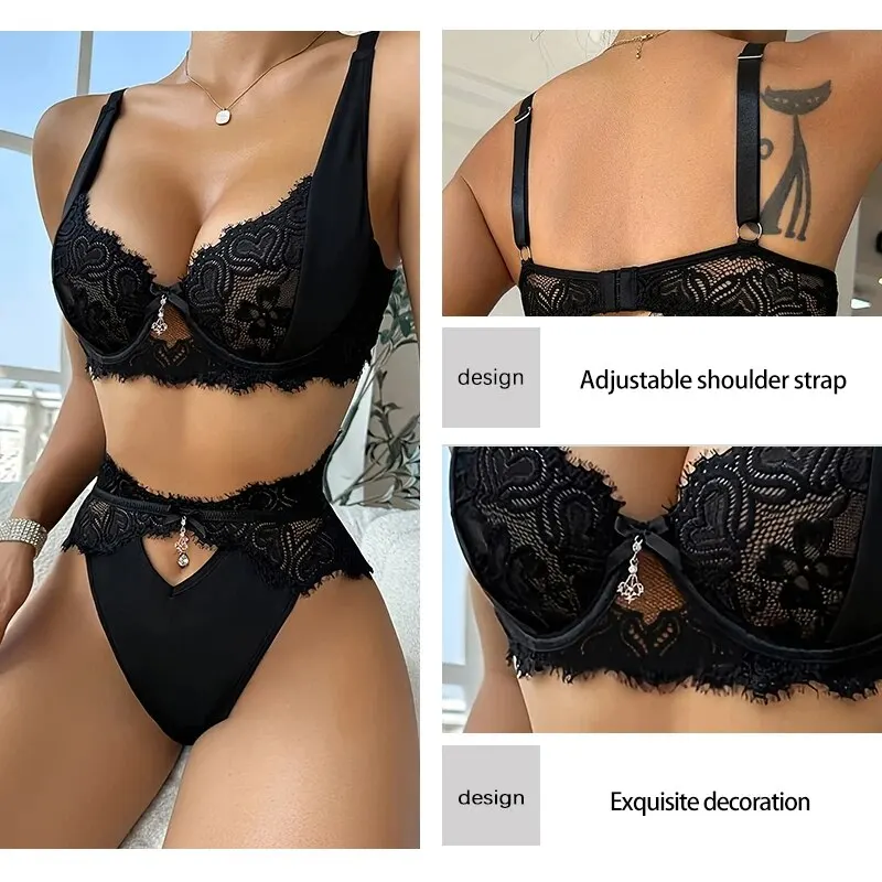 Women\'s Sexy Lace Lingerie Set with Black Lace Patchwork and Pendant Decoration for Women Sexy Bra Set