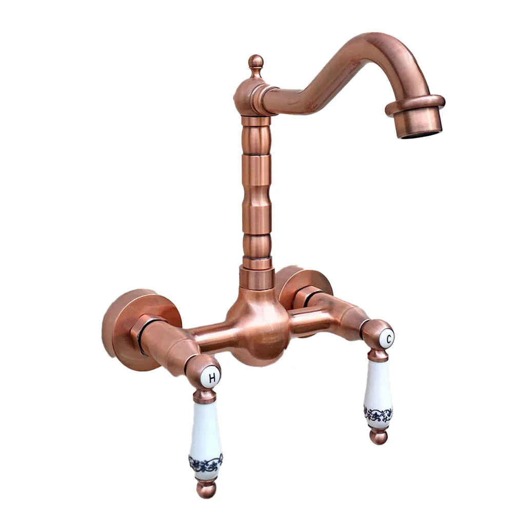 

Antique Red Copper Brass Wall Mounted Kitchen Bathroom Swivel Spout Faucet Mixer Tap arg032