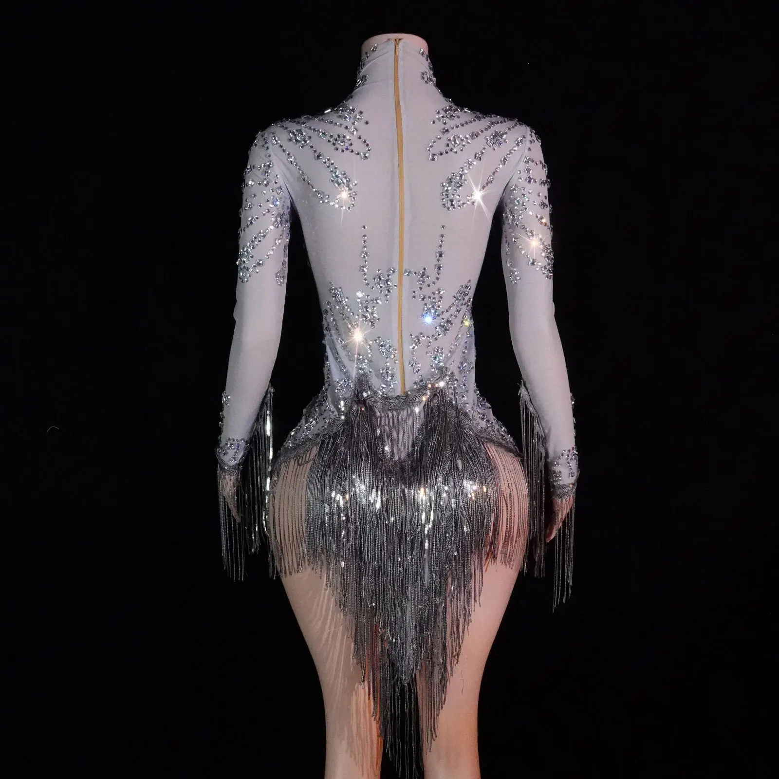 New Women Sequin Bodysuit Grey Tassel Rhinestone Sexy Performance Singer Dancer Show Stage Club Party Birthday Wear Costumes