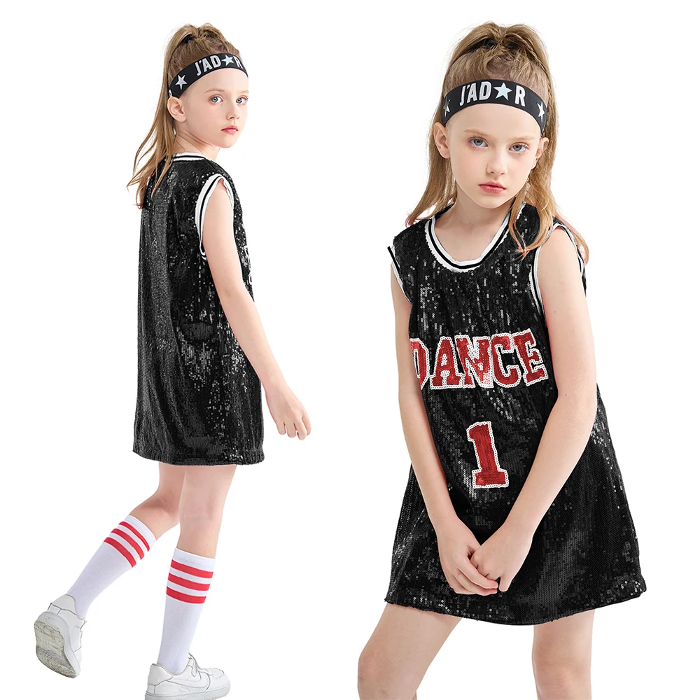 LOlanta Girls Hip Hop Dance Clothes Kids Jersey Sequin Dress Long Tank Top Jazz Cheerleading T-Shirt