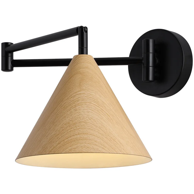 New Chinese Wood Grain Rocker Arm Wall Lamp Simple Modern Living Room Bedroom Retractable Displacement Folding Bedside Lamp